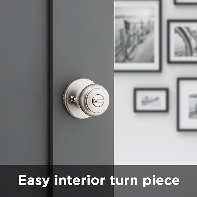 Kwikset Cove Interior Privacy Door Knob with Lock, Door Handle For Bathroom and Bedroom, Satin Nickel Keyless Turn Lock Doorknob, with Microban Protection