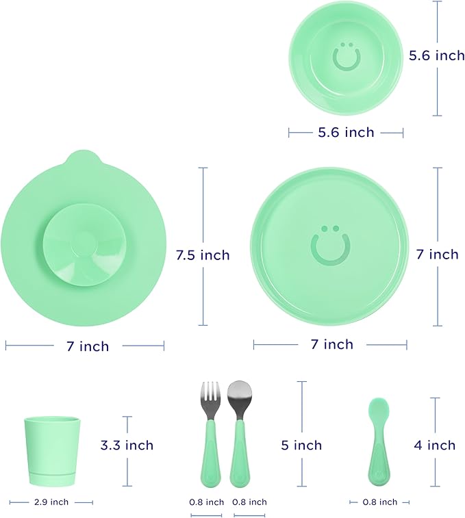 Ubbi Toddler Feeding Set, 7-Piece, Plate, Bowl, Cup + Baby & Toddler Stainless Steel Utensils, Interchangeable Suction Base, BPA-Free Dishwasher Safe, Self-Feeding for Baby-Led Weaning, Green