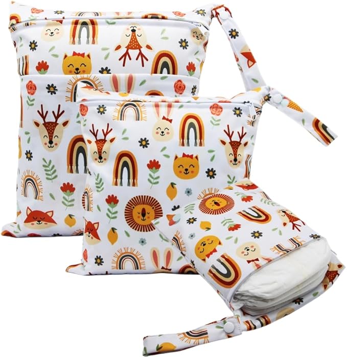Asenappy 3pcs Cloth Diaper Wet Dry Bags Waterproof Reusable with Two Zippered Pockets Travel Beach Pool Daycare Soiled Baby Items Yoga Gym Bag for Swimsuits or Wet Clothes (rainbow fox)