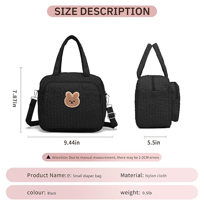 Small Diaper Bag Tote, Crossbody Diaper Bag Mini Purse with 8 Pockets, Travel Baby Bag for boys & Girls, 2 Insulated Pockets, Black