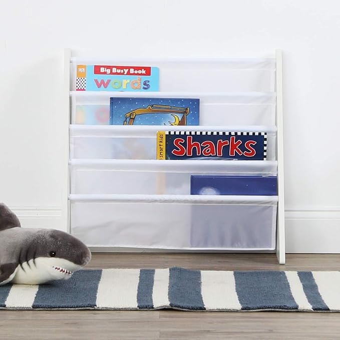 Humble Crew 4-Tier Kids Bookshelf, White Wood/White - Premium Book Shelf for Kids Rooms with Four Deep Pockets - Toddler Sling Book Rack with Deep Sleeves, Nursery Bookcase Organizer