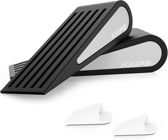 2 Pack Rubber Door Stopper Wedge - Black Non-Slip Soft TPR High-Elastic & Zinc Alloy Metal Material Door Stops for Bottom of Heavy Duty Door Wall Protector for Home & School with Self Adhesive Holder