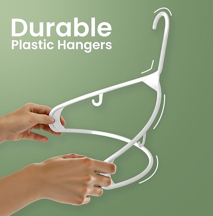 Utopia Home Plastic Hangers 50 Pack - Space Saving Clothes Hanger - Durable & Strong Closet Organizers and Storage with Built-in Strap Hooks - Essential for Shirts, Pants, Skirts & Coats (White)