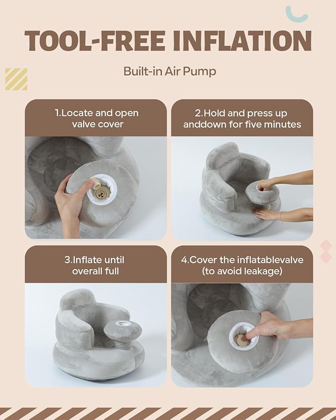AGITVPS Velvet-Covered Inflatable Baby Seat with Built-in Pump | A Supportive Bumbo Seat for Babies 3-36 Months | Perfect for Learning to Sit, Feeding, Floor Time & Camping (Velvet Tray-Gray)