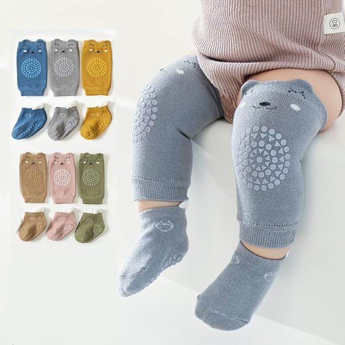 Feidoog Baby Crawling Knee Pads with Anti-Slip Elastic 3 Pairs Knee Pads and 3 Pairs Socks Set,Infant Kneepads for Crawling