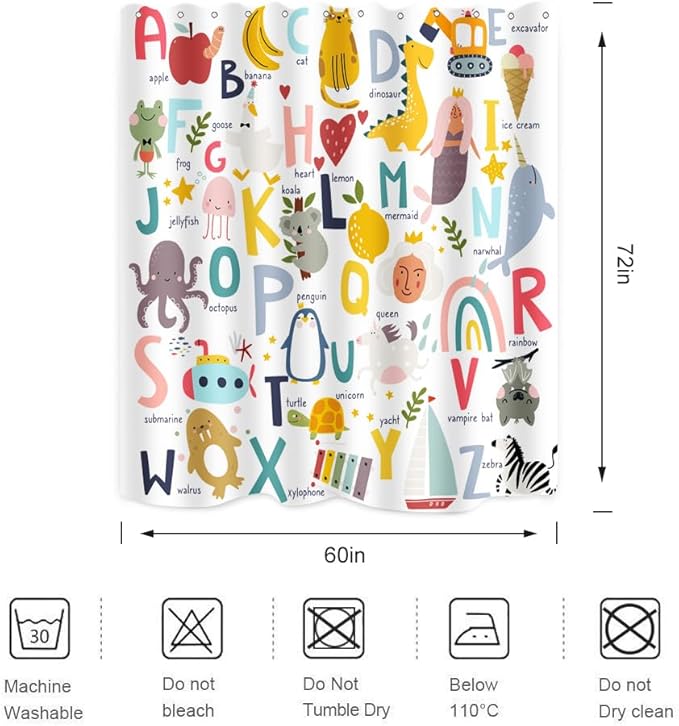 Alphabet Shower Curtain Kids ABC Educational Learning Tool Baby Cartoon Animals Girls Boys Colorful Bathroom Decor Waterproof Fabric 72Lx60W Inch with Hooks