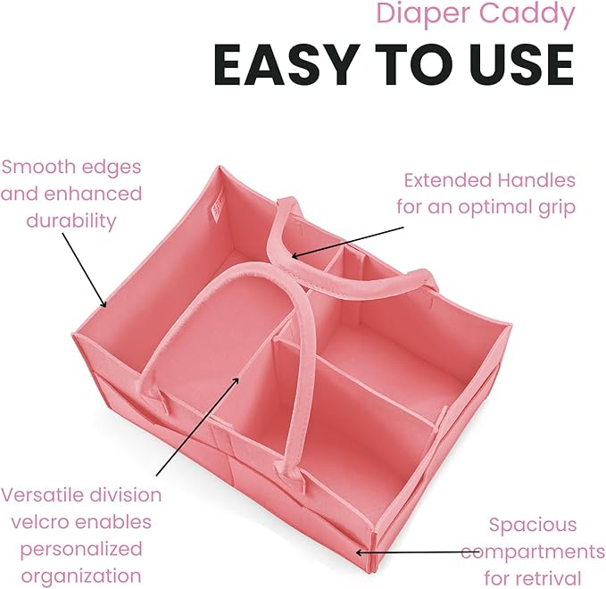PandaEar Baby Diaper Caddy Organizer, Portable Diaper Holder Organizer Nursery Storage Basket for Wipes & baby stuff, Collapsible Baby Organizer with Divided Design (Light Pink)