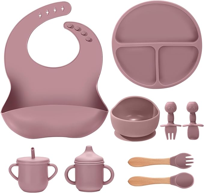 Silicone Baby Feeding Set 9 Pcs, Spill-Proof Suction Plate, Bowl, Bib, Silicone spoon&forks, Wooden Spoons&forks, Training cup with straw and Sippy Cup, Baby Eating Utensils (Pink)