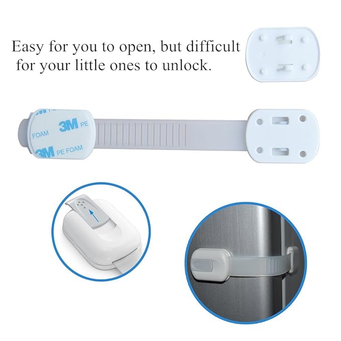 Child Safety Cabinet Strap Locks - OKEFAN 12 Pack Baby Proofing Adhesive Latches for Kids Drawer Cupboard Dishwasher Fridge Oven Door No Drill (Grey)