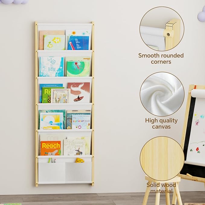 Wood 6-Tier Wall Mounted Kids Bookshelf – Floating Book Shelf For Kids Rooms,Nursery & Classroom, Hanging Bookcase Organizer For Books, Toddler Book Shelf, Montessori Bookshelf, Nursery Shelves
