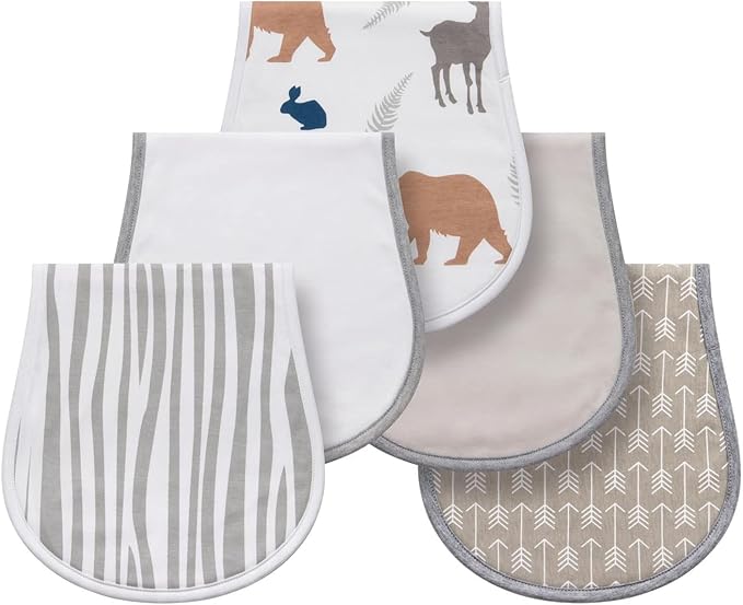 Little Tots Burp Cloths 100% Cotton Baby Burp Set, Absorbent & Soft Burping Cloth Newborn Towel for Newborns & Babies Boys & Girls Unisex 5 Pack (Flying Sky) (Grey Jungle)