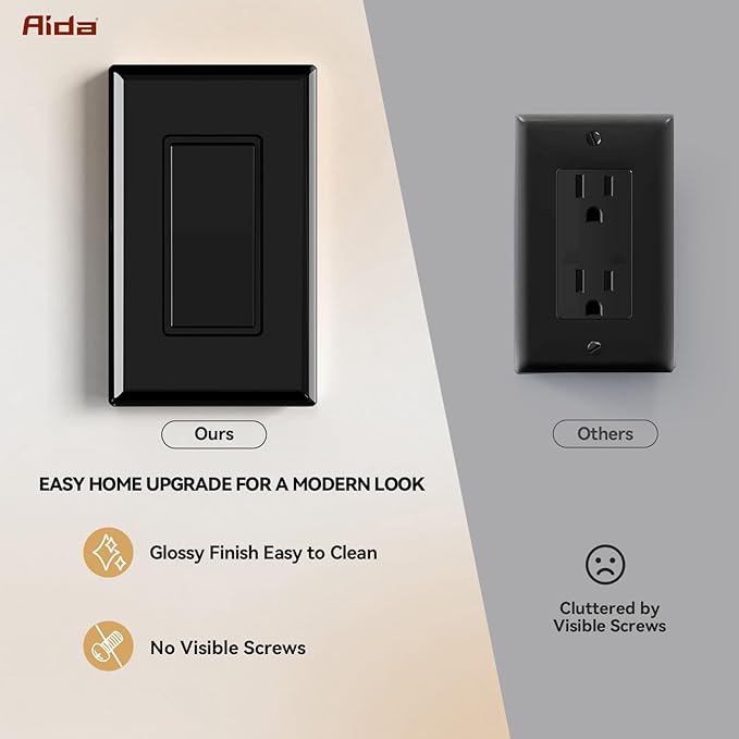 AIDA 1-Gang Screwless Decorator Wall Plates, Standard Size Unbreakable Thermoplastic Faceplate Cover for Decorator Receptacle Outlet Switch, UL Listed (10 Pack, Glossy Black)