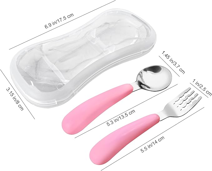 VANRA 2 Pieces Toddler Fork and Spoon Set with Travel Case 18/8 Stainless Steel Toddler Utensils Kids Silverware Children Flatware Child Cutlery Set for School Lunch Box (Pink)