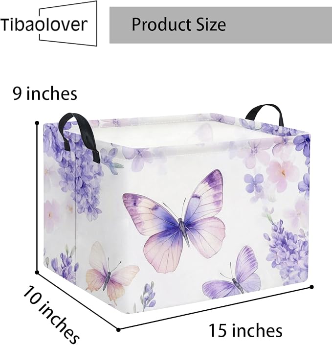 TIBAOLOVER Rectangular Kids Storage Basket Baby Storage Basket with Handles for Home Kitchen Boys and Girls Cute Toy Storage Bin Organizer Shelf Book Room Decor(Purple Butterfly)
