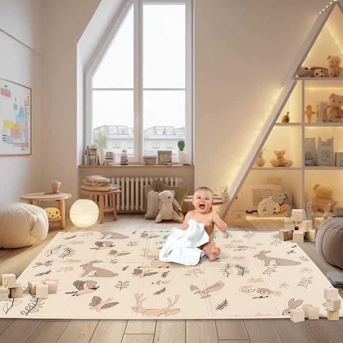 Baby Floor Play Mat Foldable 70.9" x 47.2" x 0.4", Non-Slip Waterproof Foam Play Mat for Kids, Toddlers and Babies, Reversible Design - Forest and City Streets Theme, Easy Storage and Travel