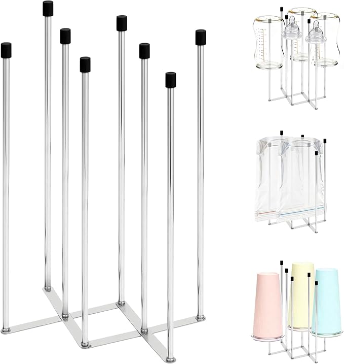 Foldable Baby Bottle Drying Rack – 8-Pole Collapsible Bottle Organizer, suitable for cups, silicone bags, and kitchen waste bags – Space-Saving Countertop Dryer for Home & Travel (Silver)