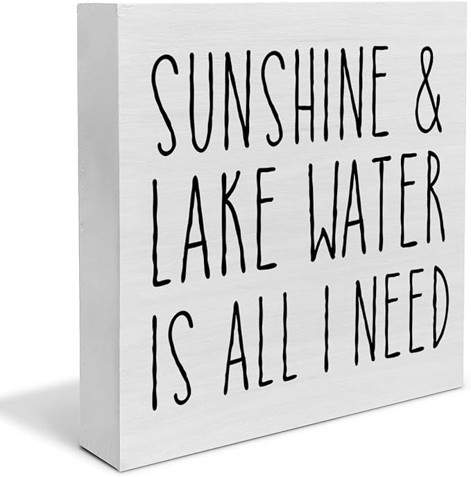 Country Lake Themed Wood Box Sign Decor Desk Sign Sunshine and Lake Water is All I Need Wooden Box Block Sign Summer Rustic Home Shelf Wall Decoration