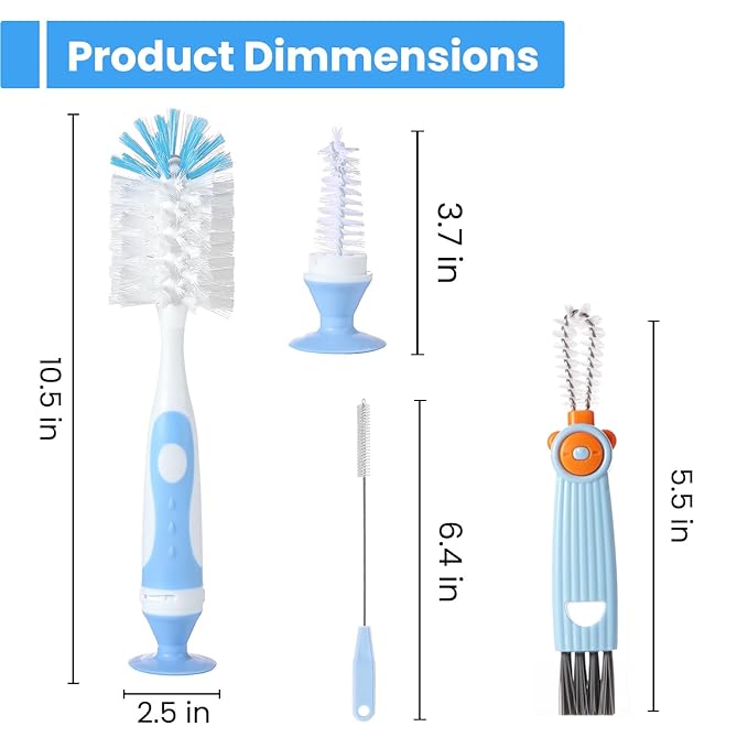 Ariseno 4-in-1 Baby Bottle Brush Set, Bottle Brush for Baby, Bottle Cleaner Brush Set, Including Nylon Bottle Brush, Bottle Cap Brush, Straw Brush, Nipple Brush, BPA-Free (Blue)