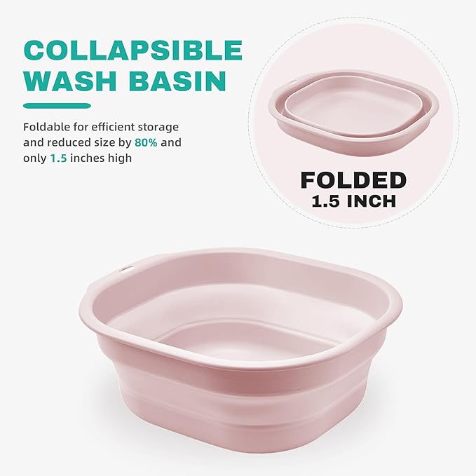 Bellglee 2 Pack Collapsible Wash Basin Set, Foldable Dish Tub, Small Medium Portable Sink for Kitchen, Camping, RV, Baby Bottles, Laundry, Plastic Washbasin -Pink