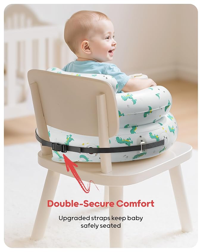 QPAU Inflatable Baby Seat with Safety Harness for Babies 3 Months & Up, Baby Floor Seats for Sitting Up, Baby Seats for Infants, Blow Up Baby Chair with Built in Air Pump (Green Dinosaur Pattern)