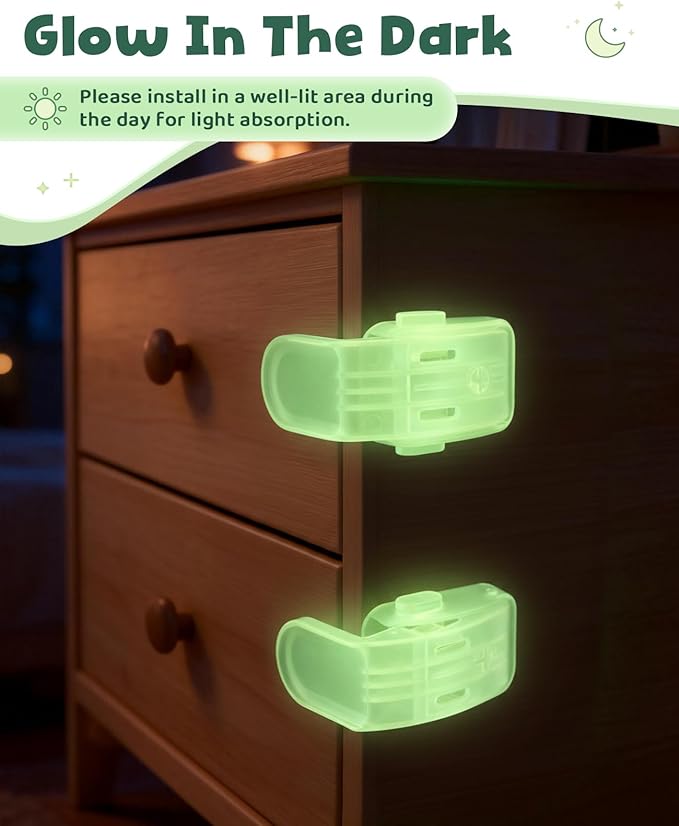 Luminous Lock for Drawer, Roctee 6 Pack Drawer Cabinet Locks Glow in The Dark Button Furniture Latch Kitchen Cupboard RV Barn, Night Easy Unlock, Fluorescent Decor