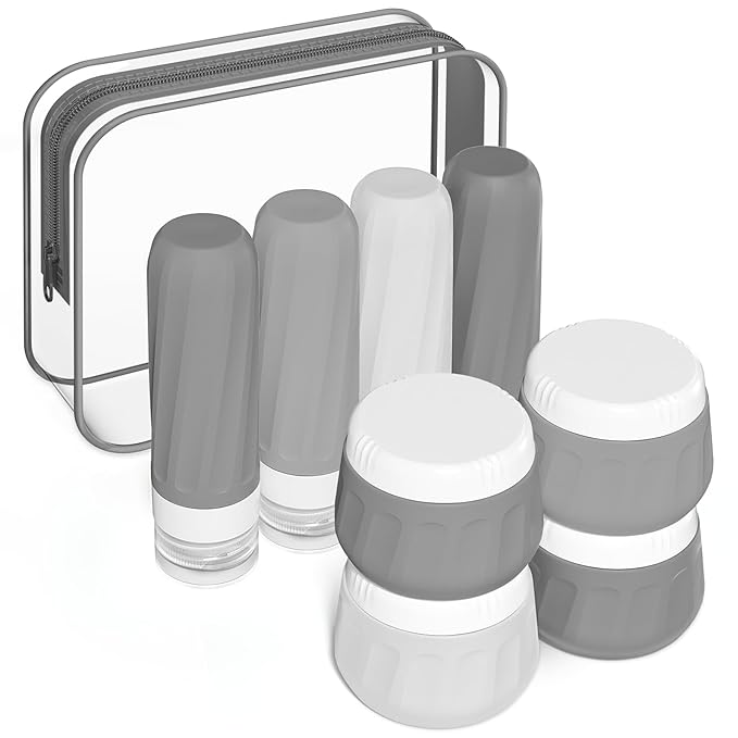 Travel Size Toiletries 8 Pack, TSA Approved 3oz Silicone Squeeze Bottles & Cream Jars with Clear Travel Bag