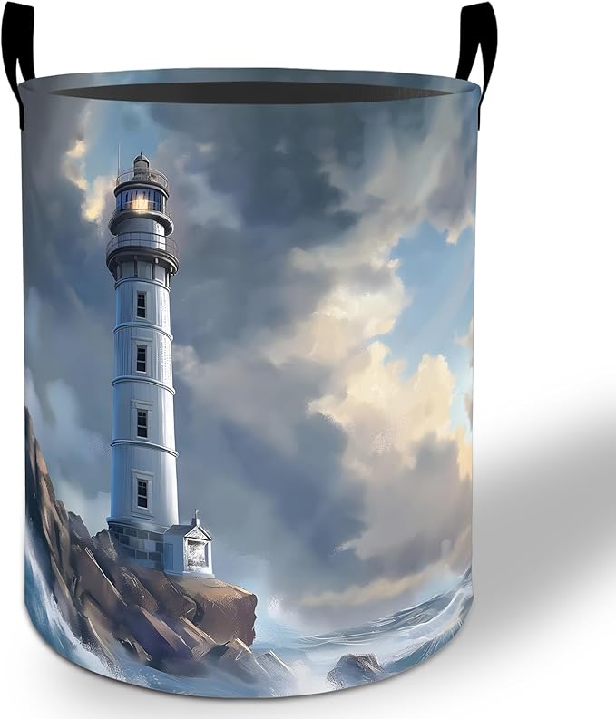 Lighthouse Laundry Basket Hamper 19.7"x15.8", Coastal Ocean Foldable Waterproof Oxford Clothes Storage Bucket for Room Bathroom Bedroom Nursery Decor, Toy Organizer Bins Gifts for Kids Boys Girls