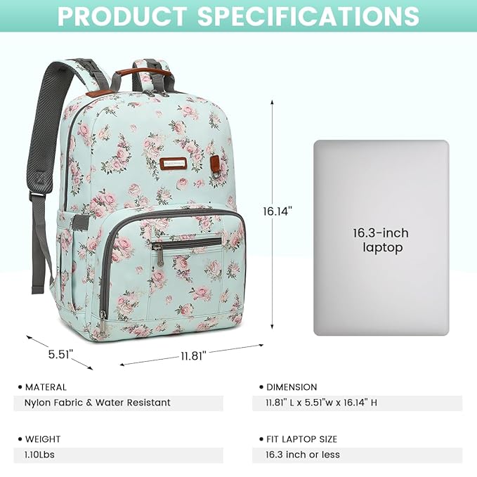 BILLITON MASHI Diaper Bag Backpack, Large Baby Nappy Bags with Portable Changing Pad for Boys and GirlsMultifunction Travel Baby Bag for Moms Dads, Shower Gifts Waterproof and Stylish，Flower Green