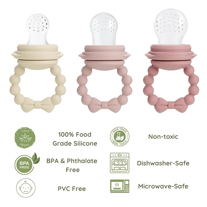 PandaEar 3 Pack Baby Fruit Food Feeder Pacifier with 3 Different Sized Pouches, Silicone Teether for Purees & Breast Milk, BPA Free Infant Solid Food Essentials for Babies 3-12 Months (Bow Series)