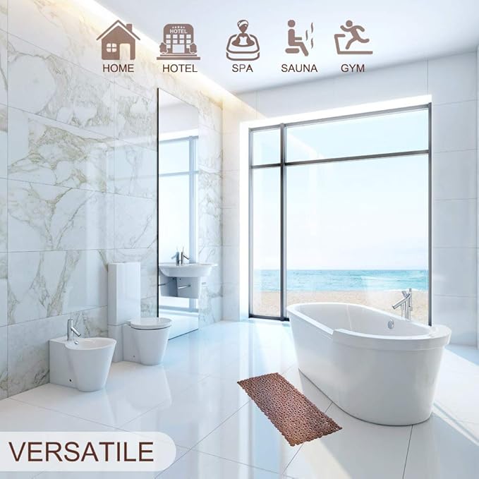 Bath Tub and Shower Mats, Non-Slip Pebble 35 x 16 Inches Machine Washable Bathtub Mat with Drain Holes, Suction Cups for Bathroom (Brown)