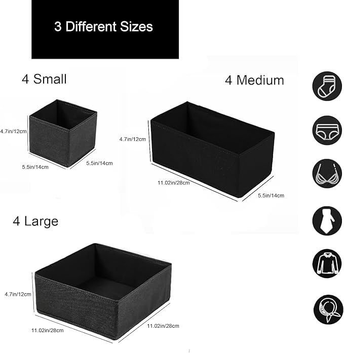 COSDACE Drawer Organizer,12Pcs Dresser Drawer Organizers Foldable Closet Organization and Storage Dividers for Underwear, Sock, Baby Closet Organizer(Black)