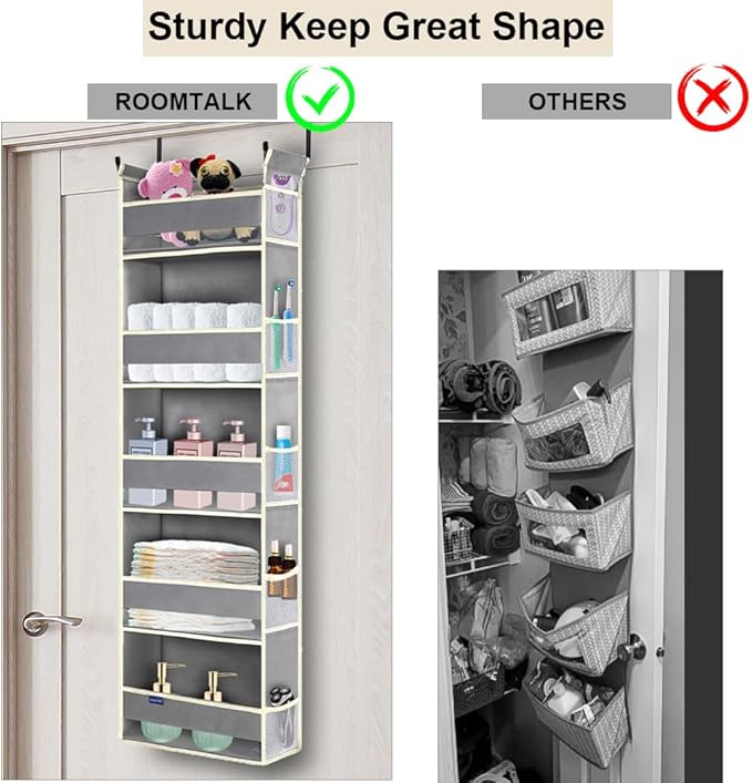 roomtalk 2 Pack Over The Door Hanging Organizer 5-Shelves and 10 Side Pockets, Over The Door Storage for Bathroom and Bedroom, Back of Door Organizers for Baby Products and Kid's Toys(13"x5"x44" Grey)