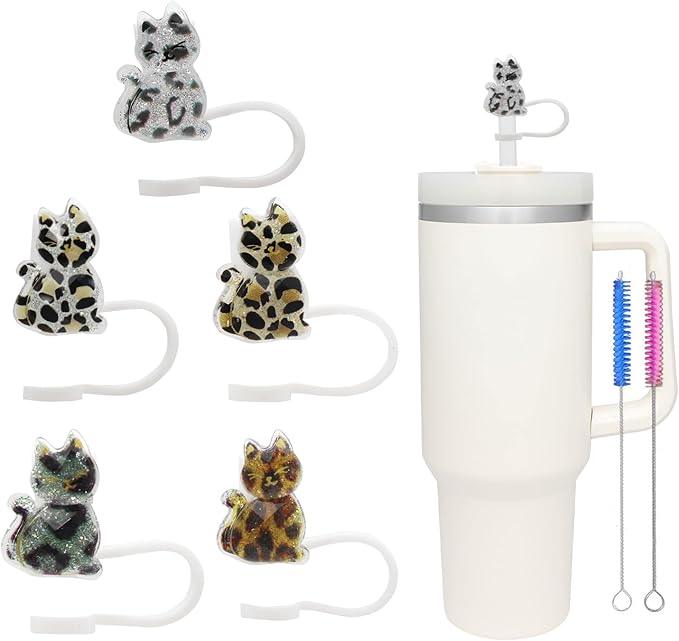 5Pcs Glitter Cat Straw Covers Cap for Stanley Cup, 0.4in/10mm Silicone Straw Toppers Compatible with Stanley 30&40 Oz Tumblers, Reusable Drinking Straw Tips Lids