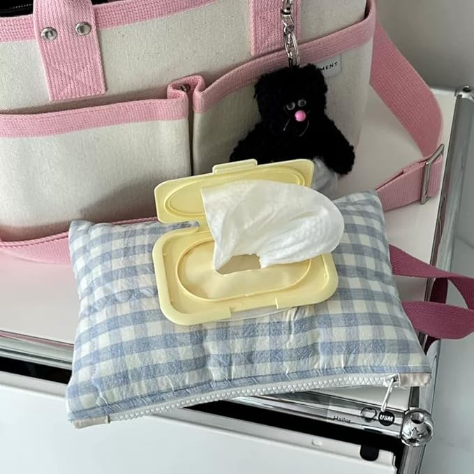 HIBEAR Quilted Diaper Wipe Pouch Portable Mommy Bag Refillable Floral Baby Wipe Holder for Travel Stroller Daily Casual (Plaid B)