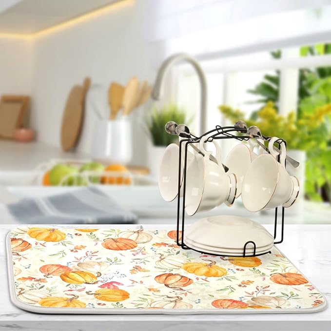 Autumn Fall Dish Drying Mat for Kitchen Counter Watercolor Pumpkin Maple Leaf Drying Mat 18 x 24 Inch with Absorbent Reversible Microfiber Dish Drying Pad Dish Rack Drainer Mats for Coffee Bar