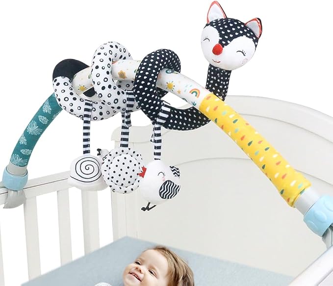 Baby Stroller Arch Toys, Black and White Hanging Toy Activity Set, Stretch & Spiral Adjustable Clamp for Cribs & Car Seats, Includes Rattles, Squeaker & Teether for Newborns and Infants (02)