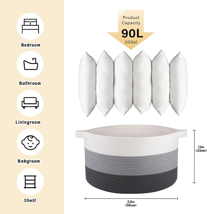 OIAHOMY 90L Blanket Basket for Living Room, Large Basket 23" x 23" x 13" with Handle, Laundry Hamper for Blankets, Pillows, Toy Storage for Kids, Dogs - Gardient Dark Grey