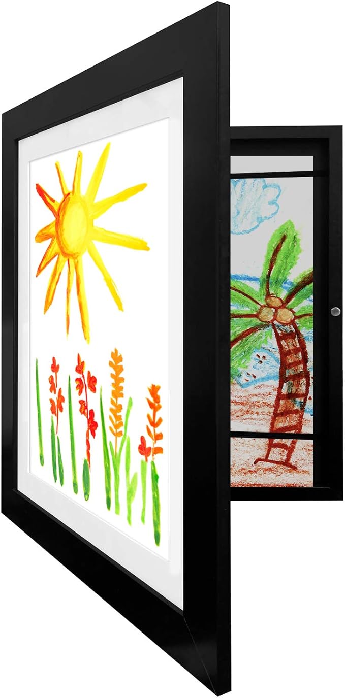 Americanflat - 4 Pack - Kids Artwork Frame Changeable (Black) - Magnetic Door Holds 100 Art Pieces - 8.5x11 Letter Size Display with Mat or 10x12.5 Without Mat - My Mini Masterpiece