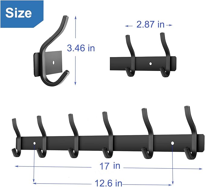 HAMUTH Wall Hooks Heavy Duty, 17 Inch Coat Rack Wall Mount with 6 Hooks, Black Wall Hooks for Entryway, Bathroom - for Hanging Backpack, Bag, Coat, Purse, Hat, Towel, Clothes,2 Packs