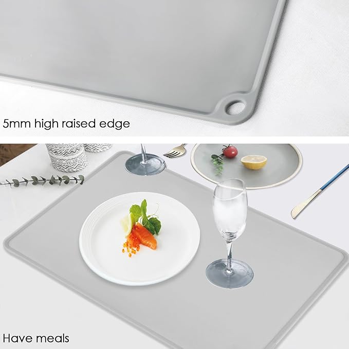 Gray Baking Mat -Food Grade Standard Silicone Mat for Kids Dinner Placemat Reusable Kitchen Countertop Mats Dough Pad with Raised Edges Heat Resistant Mat for Air Fryer (1Pack 23.6'' x 15.7'')