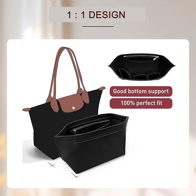 Doxo Felt Purse Organizer Insert Compatible with Longchamp Lepliage Large and More, Felt Bag Liner Keeps Tote Handbags Shaped & Neat (Black,Large)