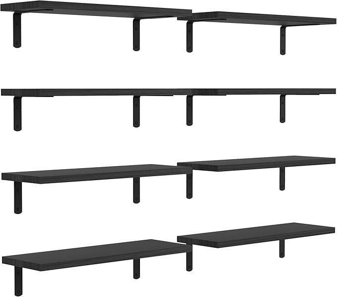 Floating Shelves, 8 Sets Wooden Floating Shelves for Bedroom & Bathroom Wall Decor, Floating Book Shelf Living Room Black