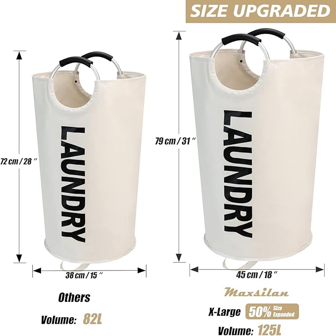 Maxsilan 125L X-Large Laundry Basket, Freestanding Tall Clothes Hamper, Collapsible Laundry Bag, Beige