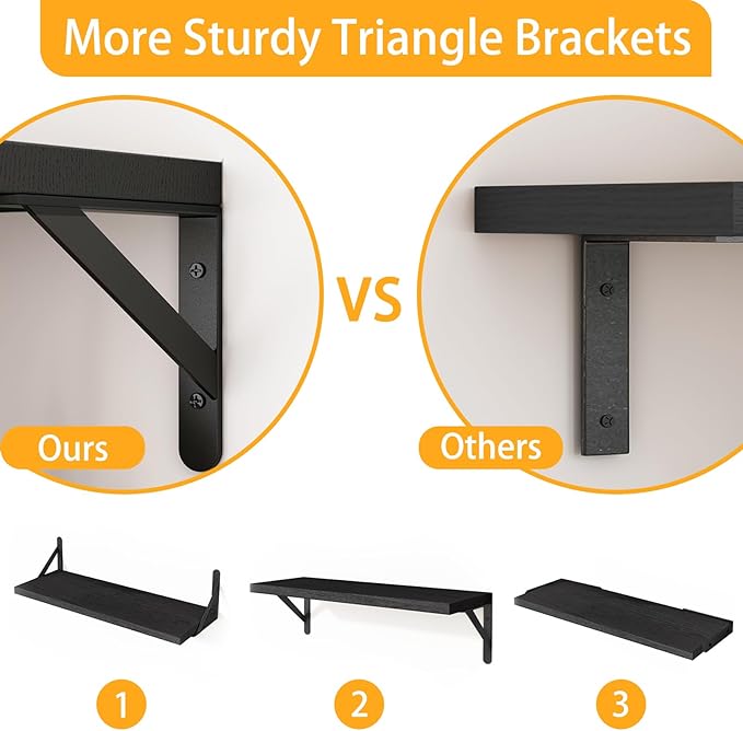 Fixwal Floating Shelves for Wall, Wood Wall Mounted Shelves for Bedroom, Bathroom, Living Room, Kitchen Storage and Decor(Black, Set of 3, 16.5 Inch)