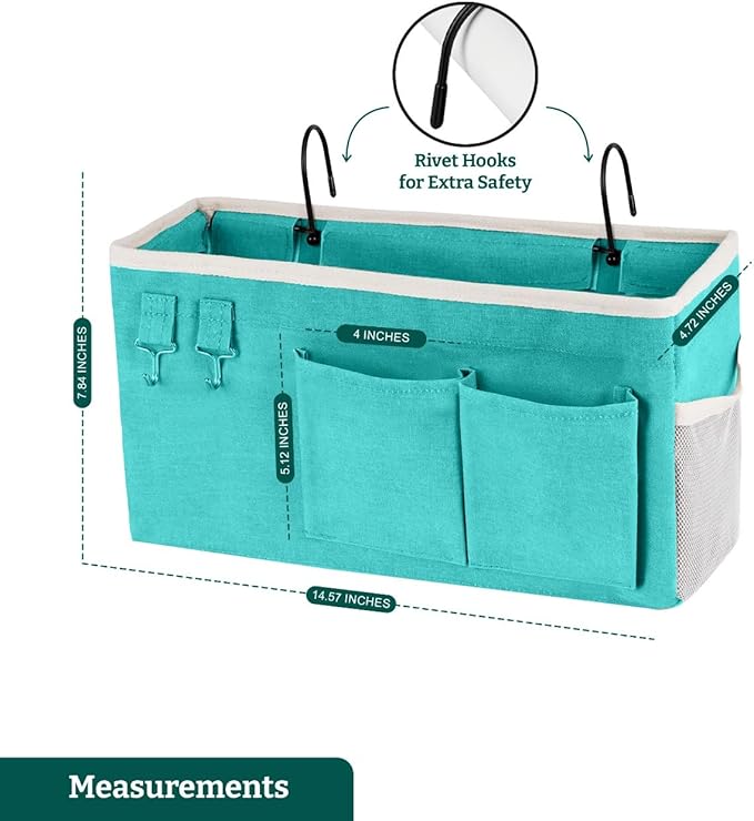 Bedside Caddy Organizer Hanging Storage Bag with Pockets for Books, Magazines, Phone, Tablet & Water Bottle – Bedside Storage for Dorm, Bunk Beds, Hospital Beds & Cribs, Green