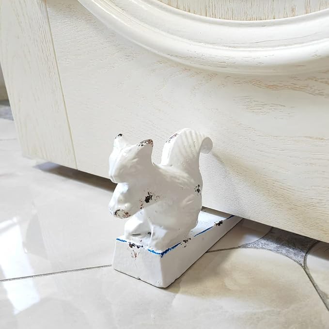 Cast Iron Heavy Door Stop, Cute Animal Shape Doorstop, Antique Style Decorative Door Stopper for Bottom of Door, Sturdy Door Stop Wedage and Floor Decor - White