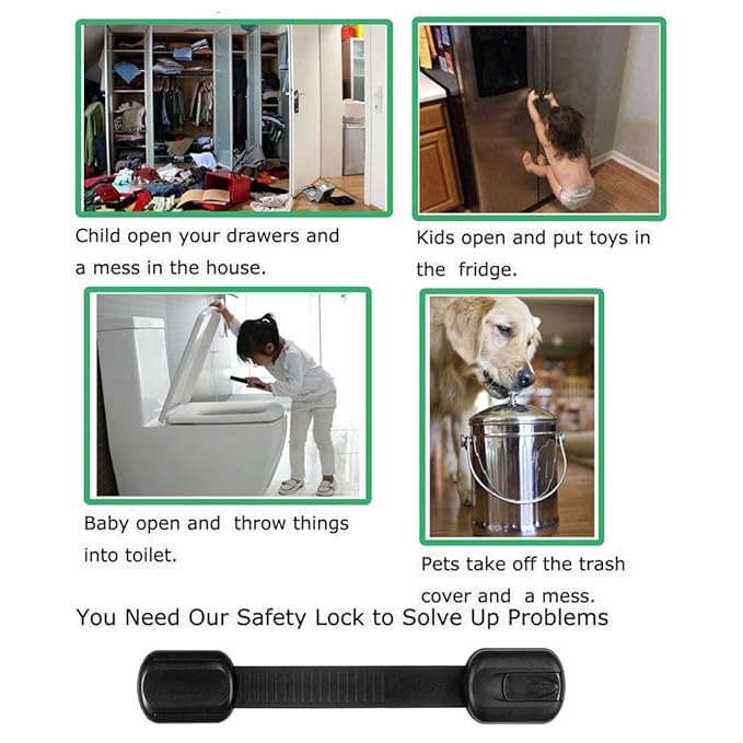 8 Pack Black Child Safety Cabinet Locks - Viaky Adjustable Straps Baby Proof Latches for Drawers, Oven, Refrigerator, Toilet Seat, Closet and Cupboard, Come with 9 Extra Strong Adhesive Pads