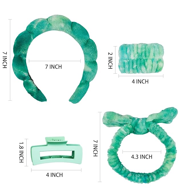 7 Pcs Spa Set, Facial Headband and Wristband Set, Skincare Accessories, College Style Girl Idea Gifts, Hair Accessories for Women and Girls (Tie Dye Green