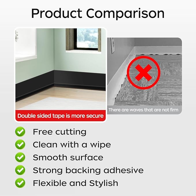 Flexible Baseboard Molding Trim 3 Inch(W) x 66 Feet(L) Self Adhesive Vinyl Wall Base Peel and Stick Cove Base,Rubber Wall Base. (Black)