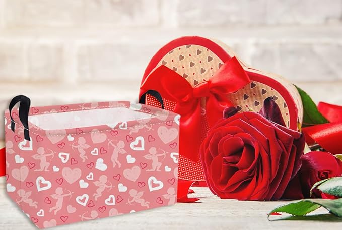 Essme Rectangular Valentine's Day Baskets Girls Storage Box,Pink Heart Storage Bins Organizer with Handles for Girls Room Decor,Gift Basket,Shelf Basket,(Pink love basket)